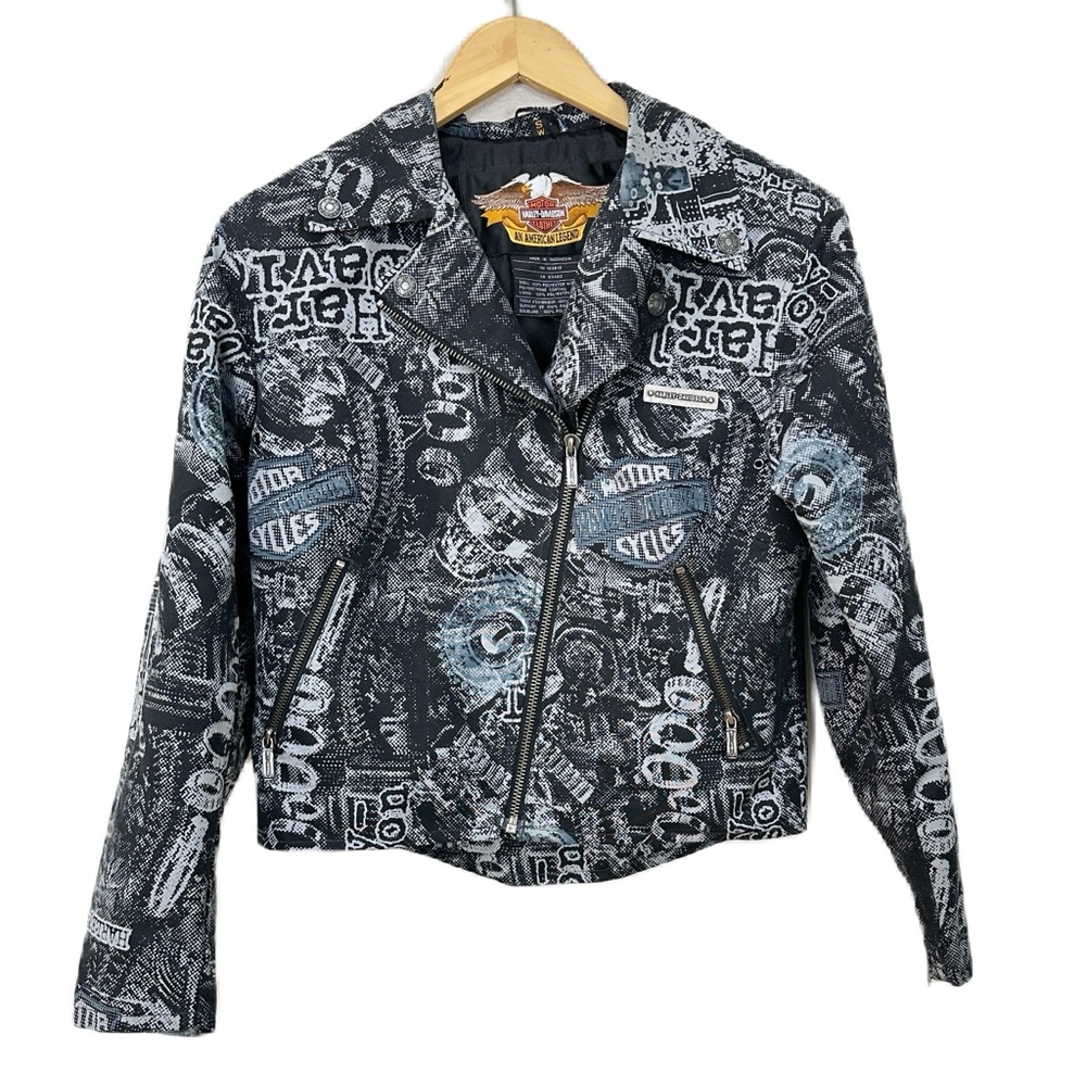 Harley-Davidson VTG Moto Gray Black Logo Print‎ Jacket Women’s Sz Small